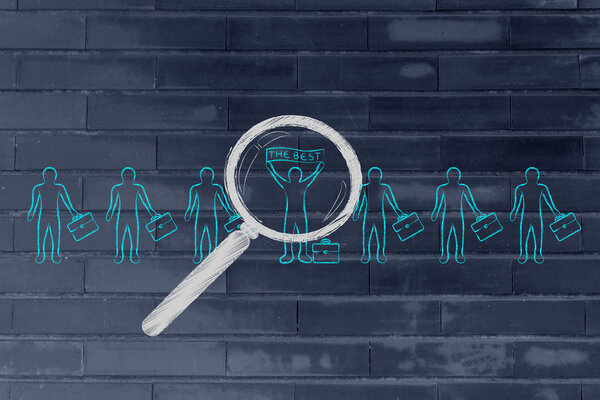 огромное увеличительное стекло выбирает лучшего кандидата
