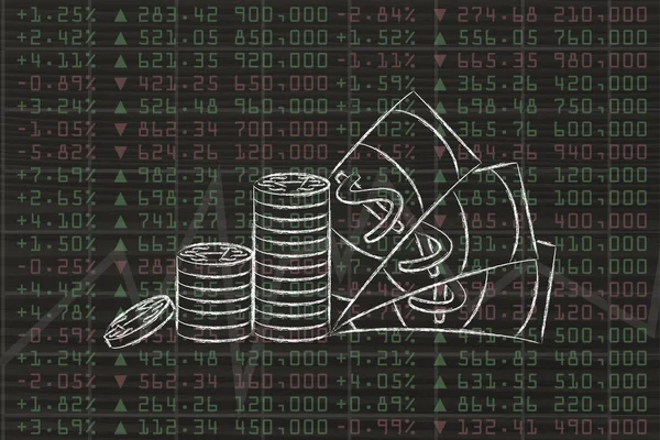 Coins and cash above stock market perfomance — Stock Photo, Image