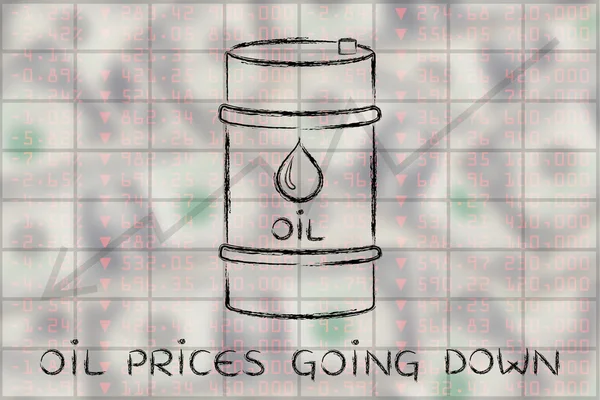 Нафтова бочка на фоні фондової біржі, з текстом Ціни йдуть — стокове фото