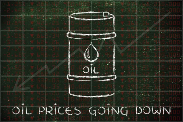 Barril de petróleo em fundo de bolsa de valores, com texto Preços indo — Fotografia de Stock