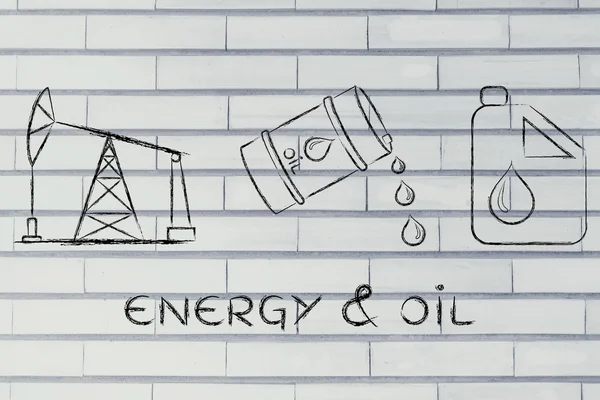 Pumpe jack, tønde, tank med tekst Energi & olie - Stock-foto