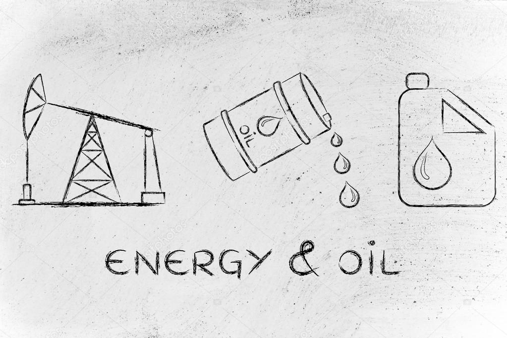 pump jack, barrel, tank with text Energy & oil