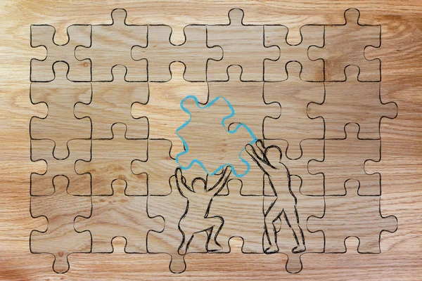 Men completing a jigsaw puzzle with the missing piece — Stock Photo, Image