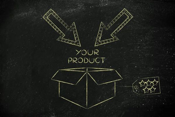 Verpakking met label, pijlen en de tekst "uw product" — Stockfoto