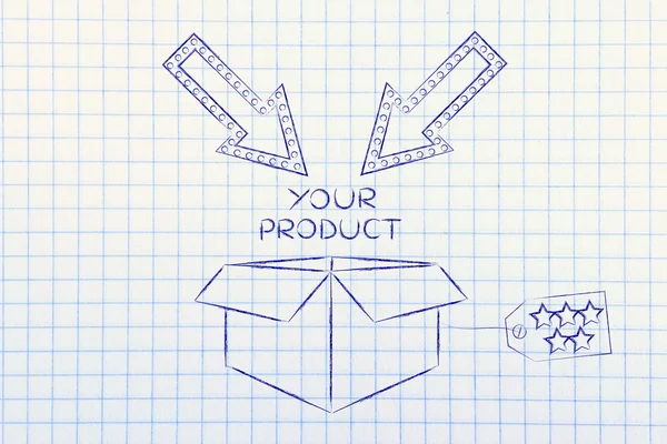 Opakowania z etykiety, strzałki i tekst "twój produkt" — Zdjęcie stockowe