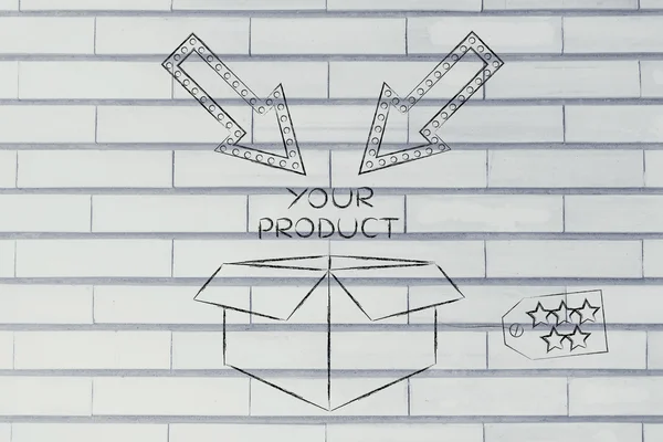 Verpakking met label, pijlen en de tekst "uw product" — Stockfoto