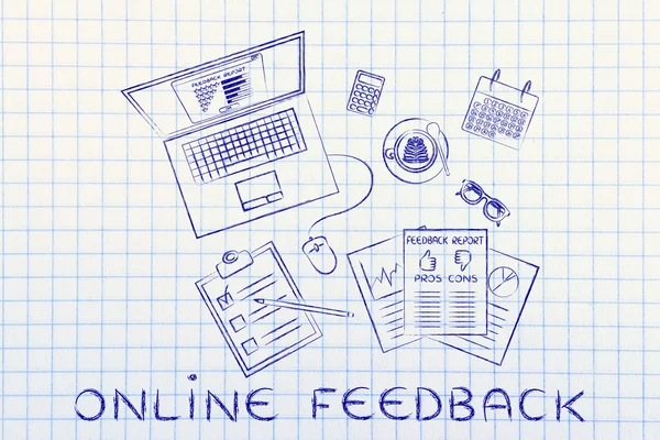 Laptop & documenten met online feedback analyse — Stockfoto