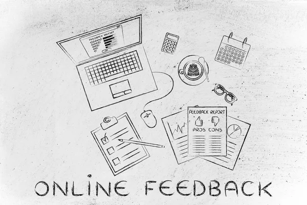 Laptop & documenten met online feedback analyse — Stockfoto