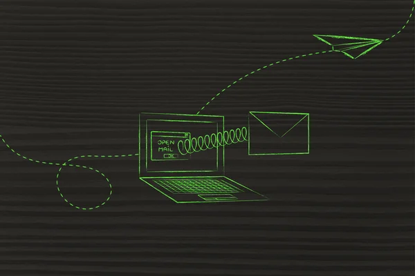 コンピューターの画面から出てくるメールを開く — ストック写真