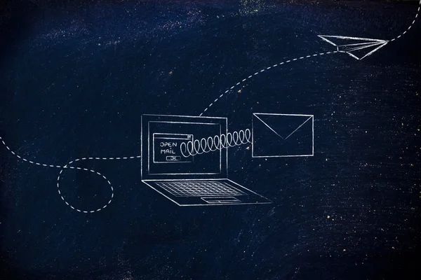 コンピューターの画面から出てくるメールを開く — ストック写真