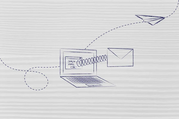 Open e-mail coming out van een computerscherm — Stockfoto