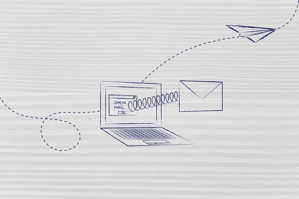 コンピューターの画面から出てくるメールを開く — ストック写真