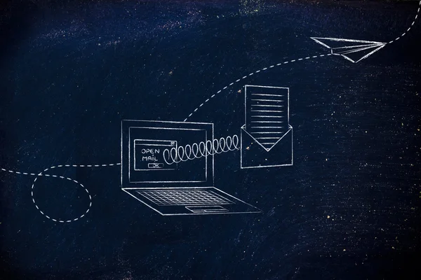 コンピューターの画面から出てくるメールを開く — ストック写真