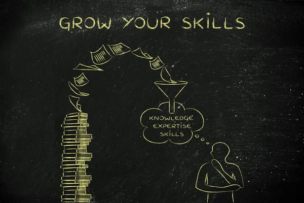 Books being elaborated into knowlegde, Grow your skills — Stock Photo, Image