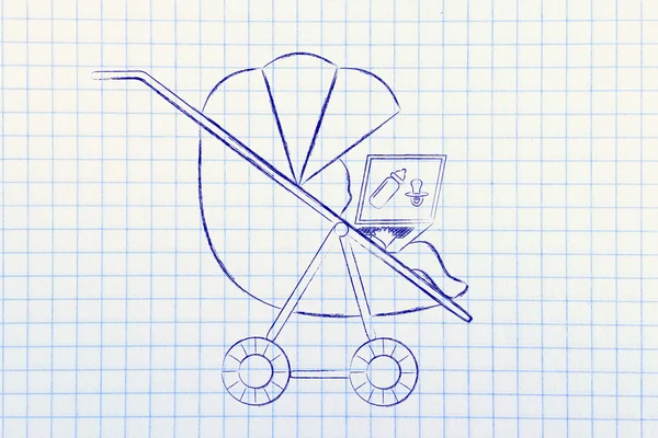 Dziecko w wózek z laptopa — Zdjęcie stockowe