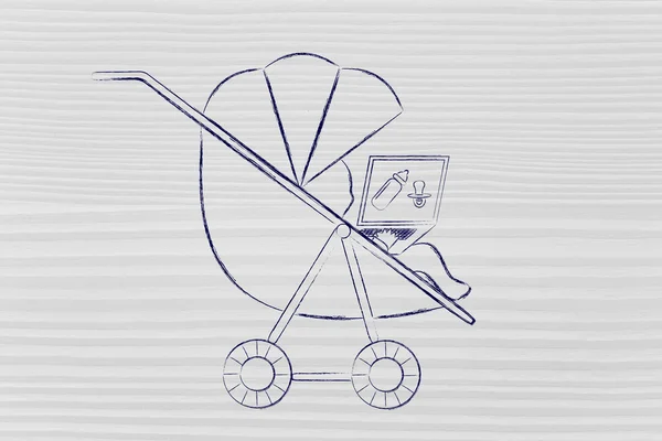 Bébé en poussette avec ordinateur portable — Photo