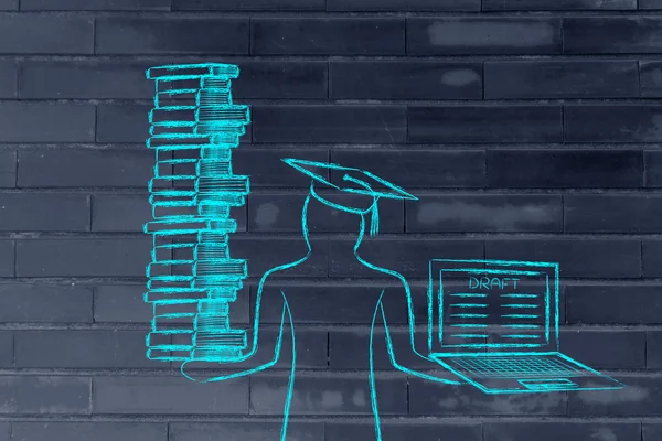 Graduate holding books and laptop with thesis draft — Stock Photo, Image