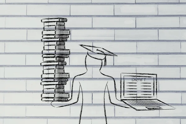 Examen hålla böcker och laptop med avhandlingen utkast — Stockfoto