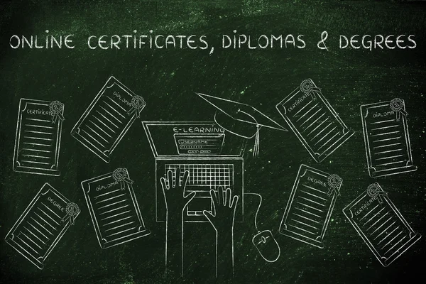 Certyfikaty online, e kształcenia studentów otoczony stopni — Zdjęcie stockowe