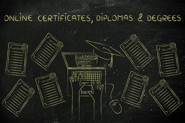 Certyfikaty online, e kształcenia studentów otoczony stopni — Zdjęcie stockowe