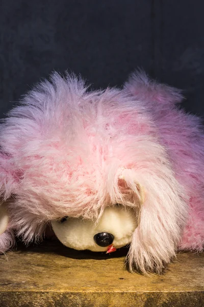 Stillleben niedlich rosa Hund braune Puppe — Stockfoto