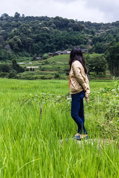 Thaise vrouw met terrasvormige Rice Field, Pha Mon Chiangmai Thailand — Stockfoto