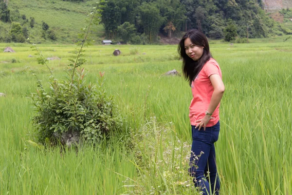 Thaise vrouw met terrasvormige Rice Field, Pha Mon Chiangmai Thailand — Stockfoto