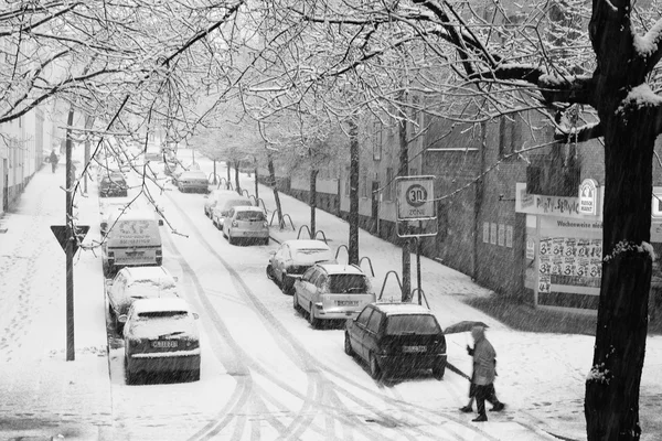 Casal caminhou através da forte tempestade de neve em Hamburgo — Fotografia de Stock