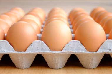 Bir düzine yumurta karton ahşap bir masa üzerinde kahverengi