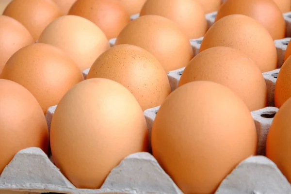 A dozen brown eggs in a carton on a wooden table — Stock Photo, Image