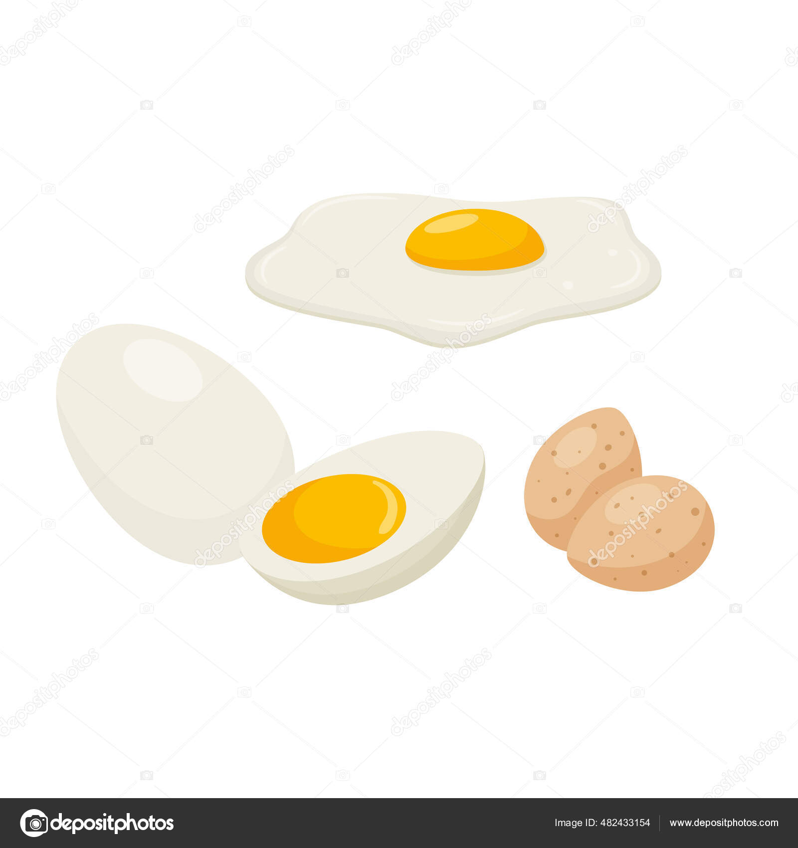 目玉焼き 生卵 ゆで卵 鶏の卵 ウズラの卵をゆでた 卵黄と卵 食品成分 動物の起源の製品 漫画風 白い背景に独立したカラーベクトルイラスト ストックベクター C Soloveva2686