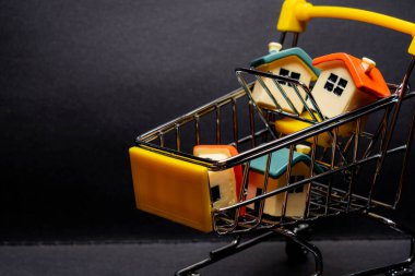 Alışveriş arabasında Mini Ev, ipotek kredisi konsepti ve yeni ev alıcısı. Siyah arkaplanda izole.