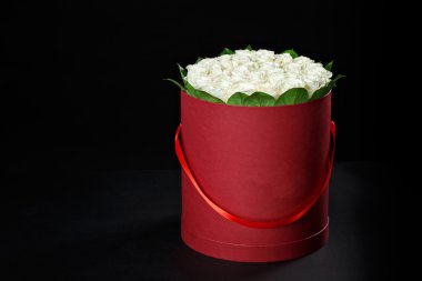 White roses in a round dark red gift box on black background, st