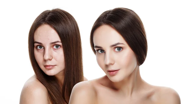 Beautiful young brunette model before and after make-up applying — Stock Photo, Image