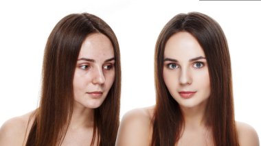 Makyaj öncesi ve sonrası güzel genç esmer model uygulama
