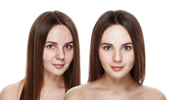 Hermosa joven modelo morena antes y después del maquillaje aplicando — Foto de Stock