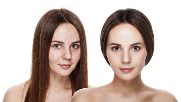 Beautiful young brunette model before and after make-up applying — Stock Photo, Image