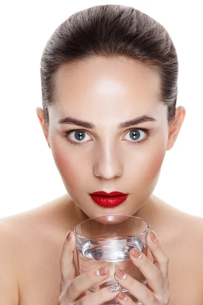 Beauty portrait of pretty girl with natural makeup and Glass of — Stock Fotó