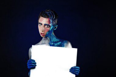 Crazy Screaming androgyne man with face art with POSTER. Blank f