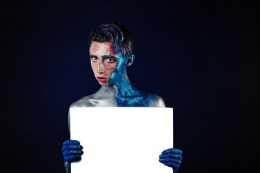 Crazy Screaming androgyne man with face art with POSTER. Blank f