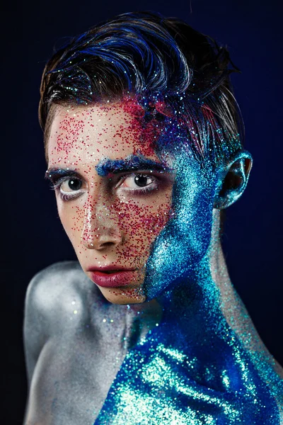 Crazy young androgyne man with face art. SPACEMAN. Freak person. — Zdjęcie stockowe