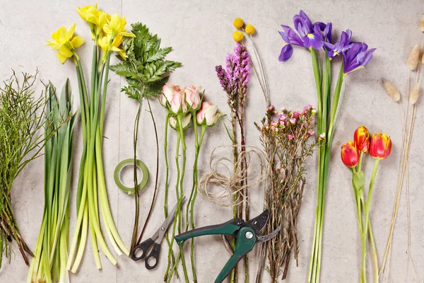 Set of flowers for making bouquet with instrument — Stock Photo, Image