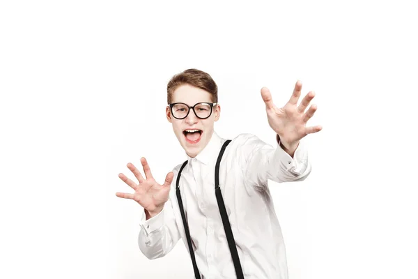 Young man in glasses surprises and shock hands up — Stock Photo, Image