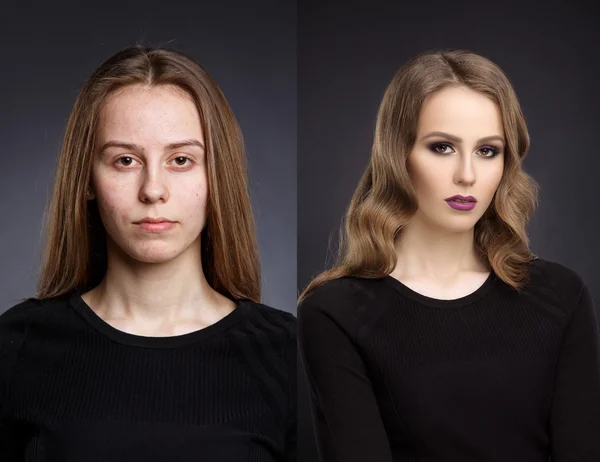 Comparar dos retratos antes y después del maquillaje y el retoque — Foto de Stock