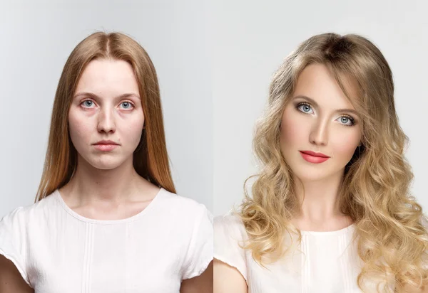 Vergelijking twee portretten vóór en na make-up en retoucheren — Stockfoto