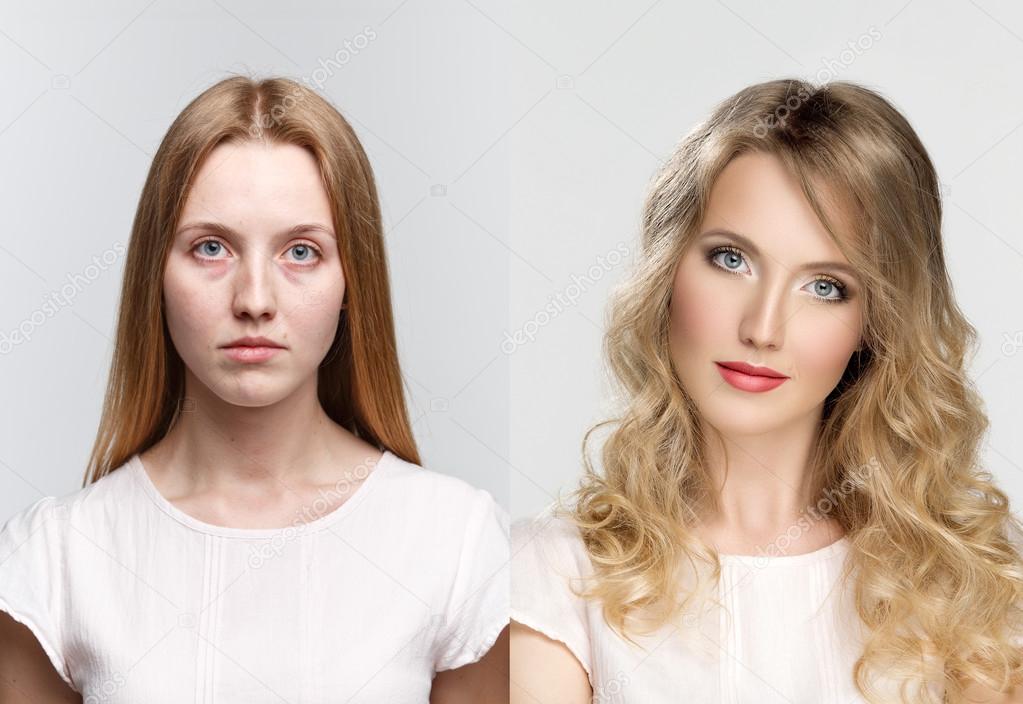 comparison two portraits before and after makeup and retouch