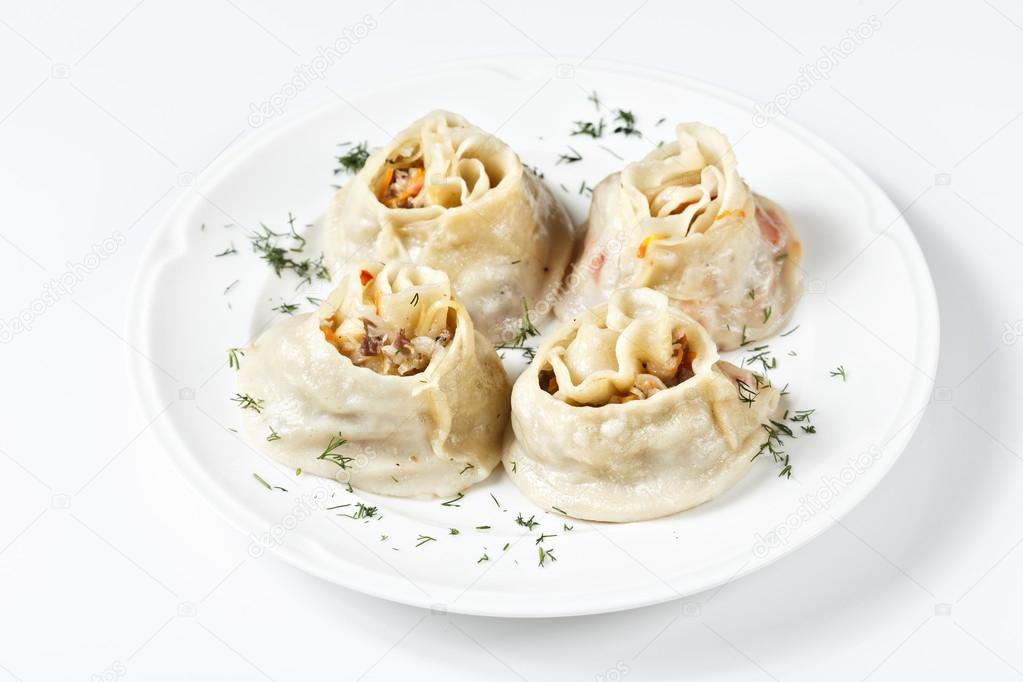 Traditional Georgian khinkali or dumplings, stuffed with meat