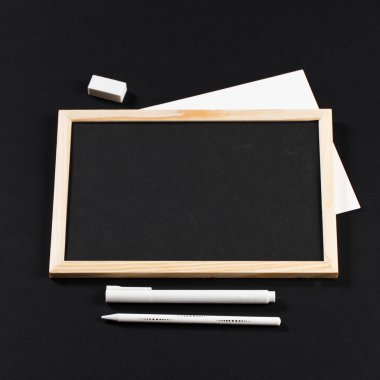 wooden frame with black field with marker and white pencil and e