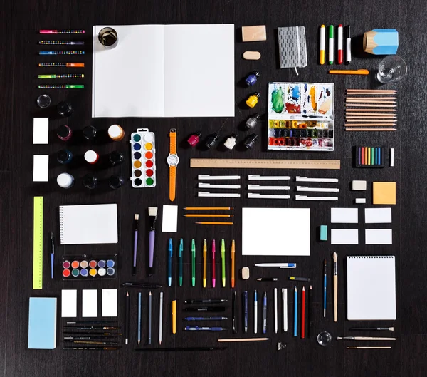 Large set of different stationery of artist painter or student. Real photo. pencils, pens, notepads an other — Φωτογραφία Αρχείου