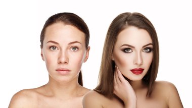 comparison portraits beautiful girl with and without makeup, before and after. left clean face no makeup and right makeup and retouch